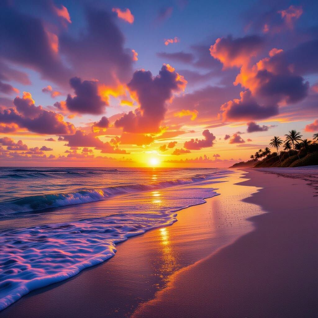 Tropical Beach Sunrise: Vivid Hues and Golden Light