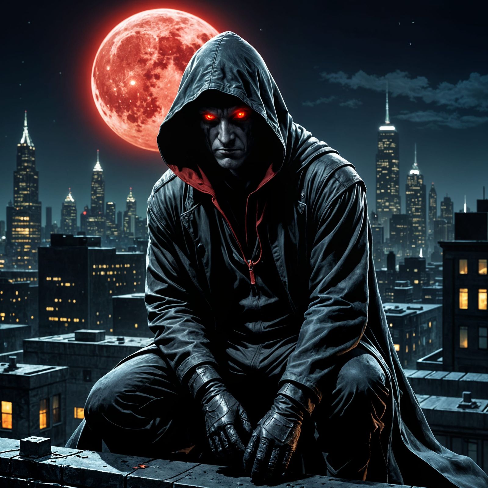 Gritty Cyberpunk Figure on Rooftop at Night