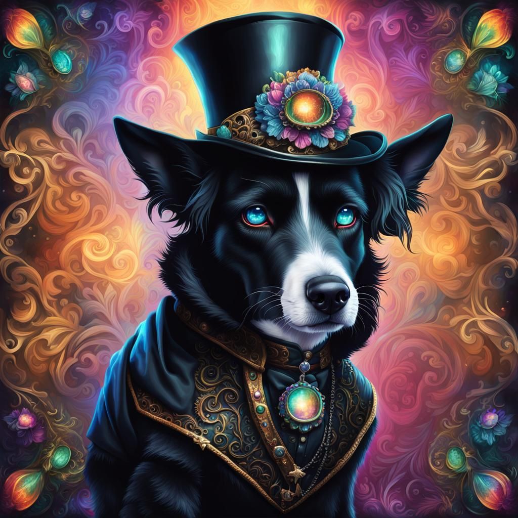 Dog in Black Fantasy Outfit with Prismatic Eyes