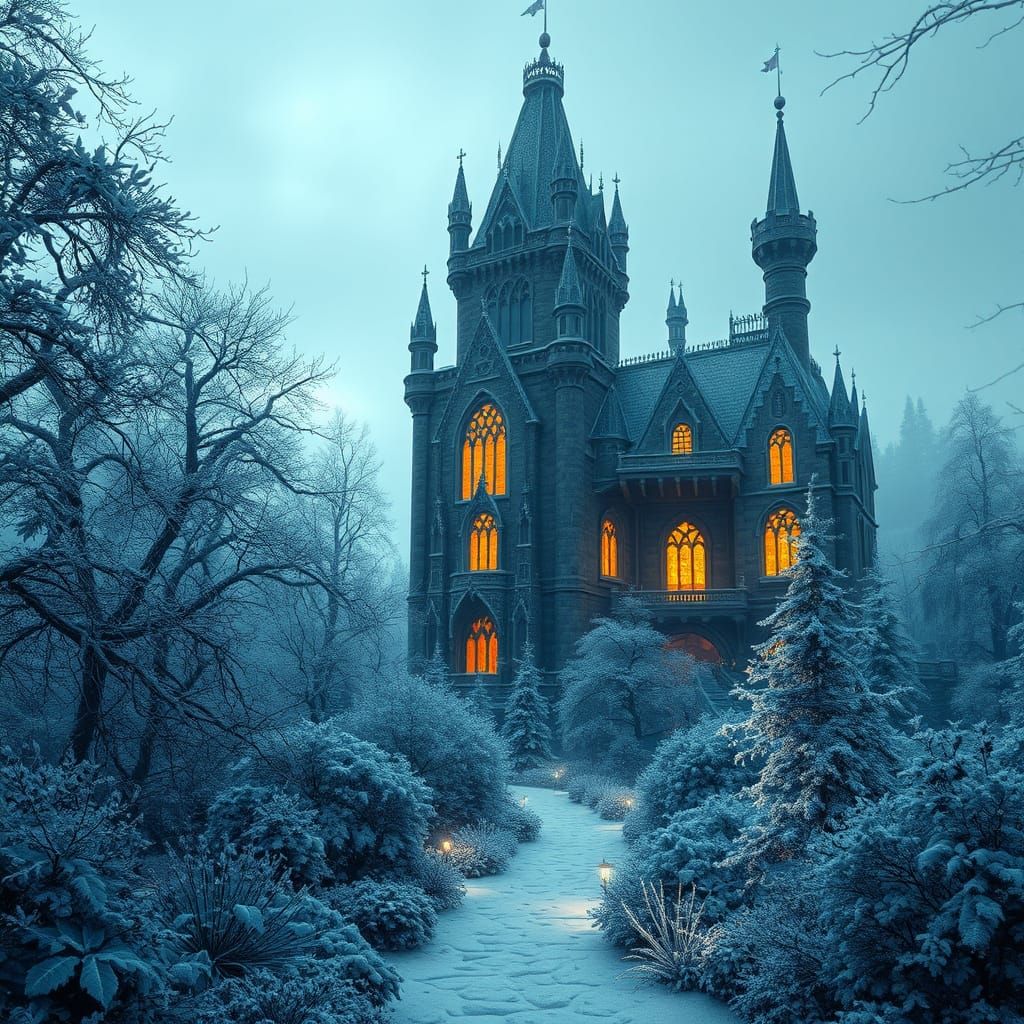 Ethereal Winter Castle Scene in Detailed Matte Painting Styl...