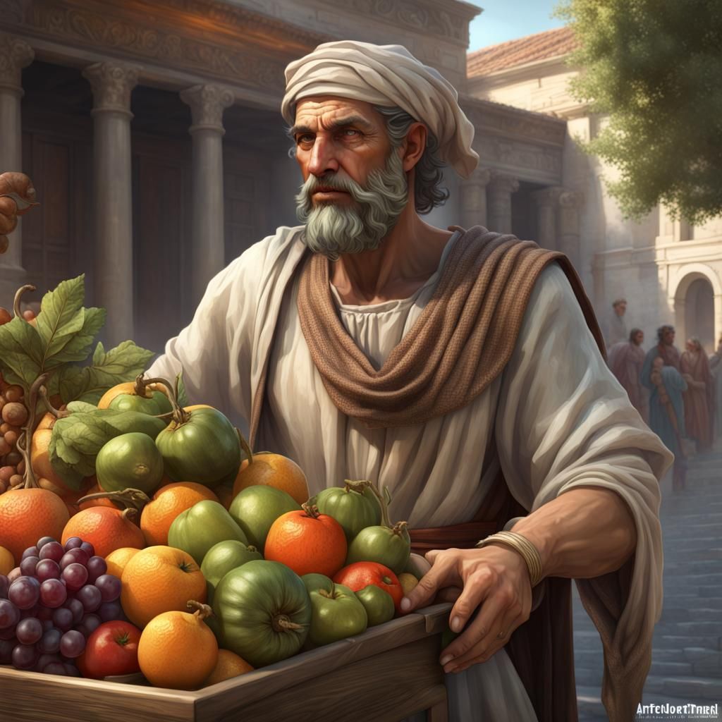Ancient Greek Merchant Selling Fruits: Art Nouveau Portrait