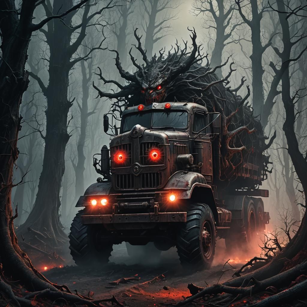 Dark Fantasy Truck Emerges from Misty Forest