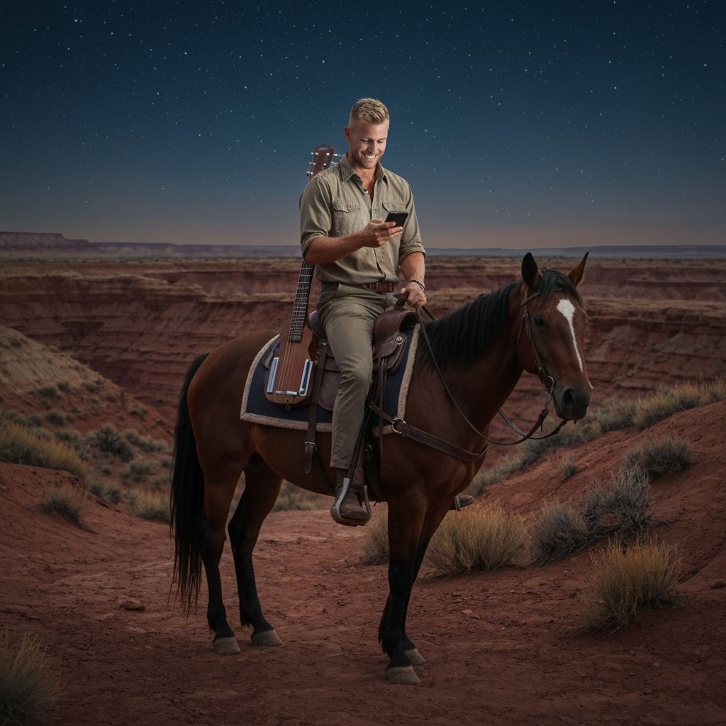 Rugged Explorer Rides Horse Through Neon Petroglyph Canyon