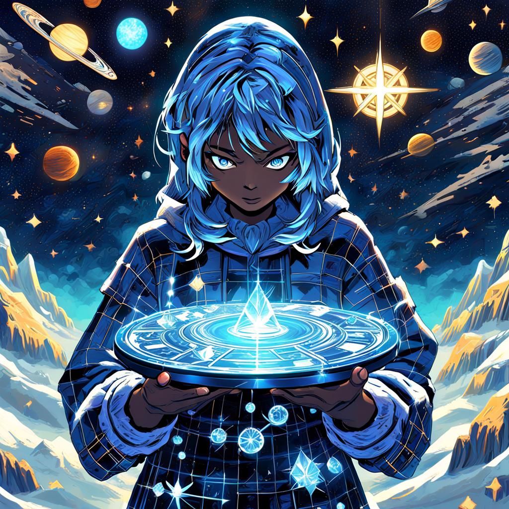 Girl Watching Rain, Holographic Astral Illustration