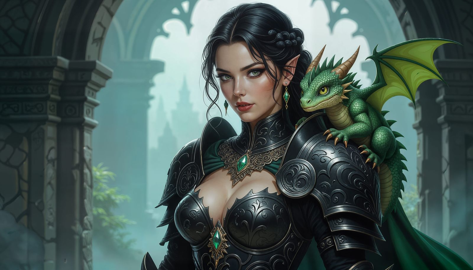 Gothic Knight with Cute Baby Dragon Companion