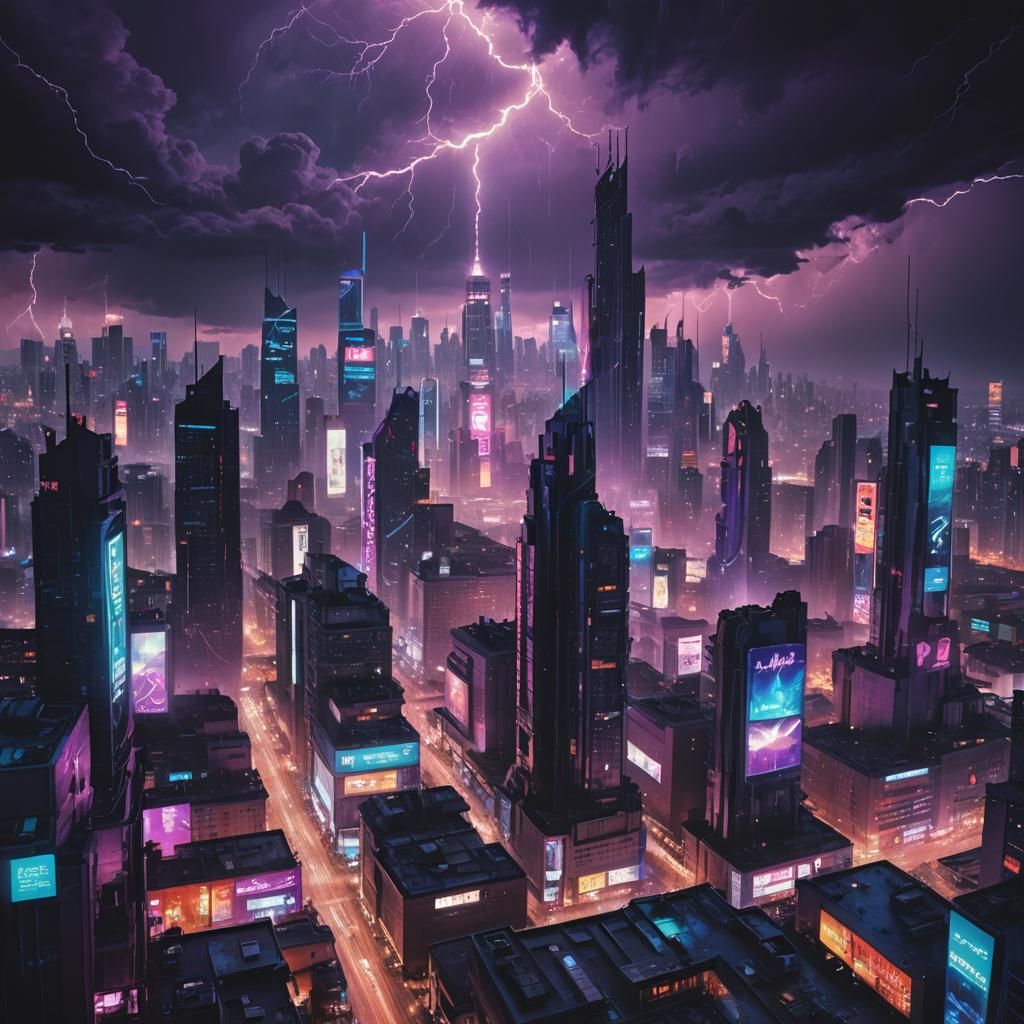 Cyberpunk Cityscape with Neon Lights in Digital Art Style