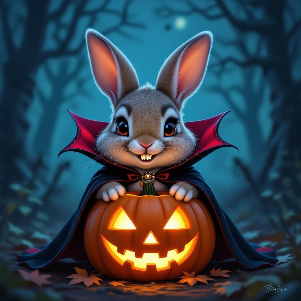 Cute Vampire Rabbit on Glowing Pumpkin