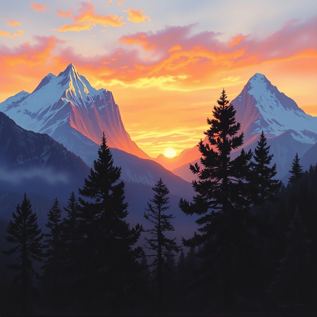 Three Snow-Capped Mountains at Sunset, Oil Painting Style