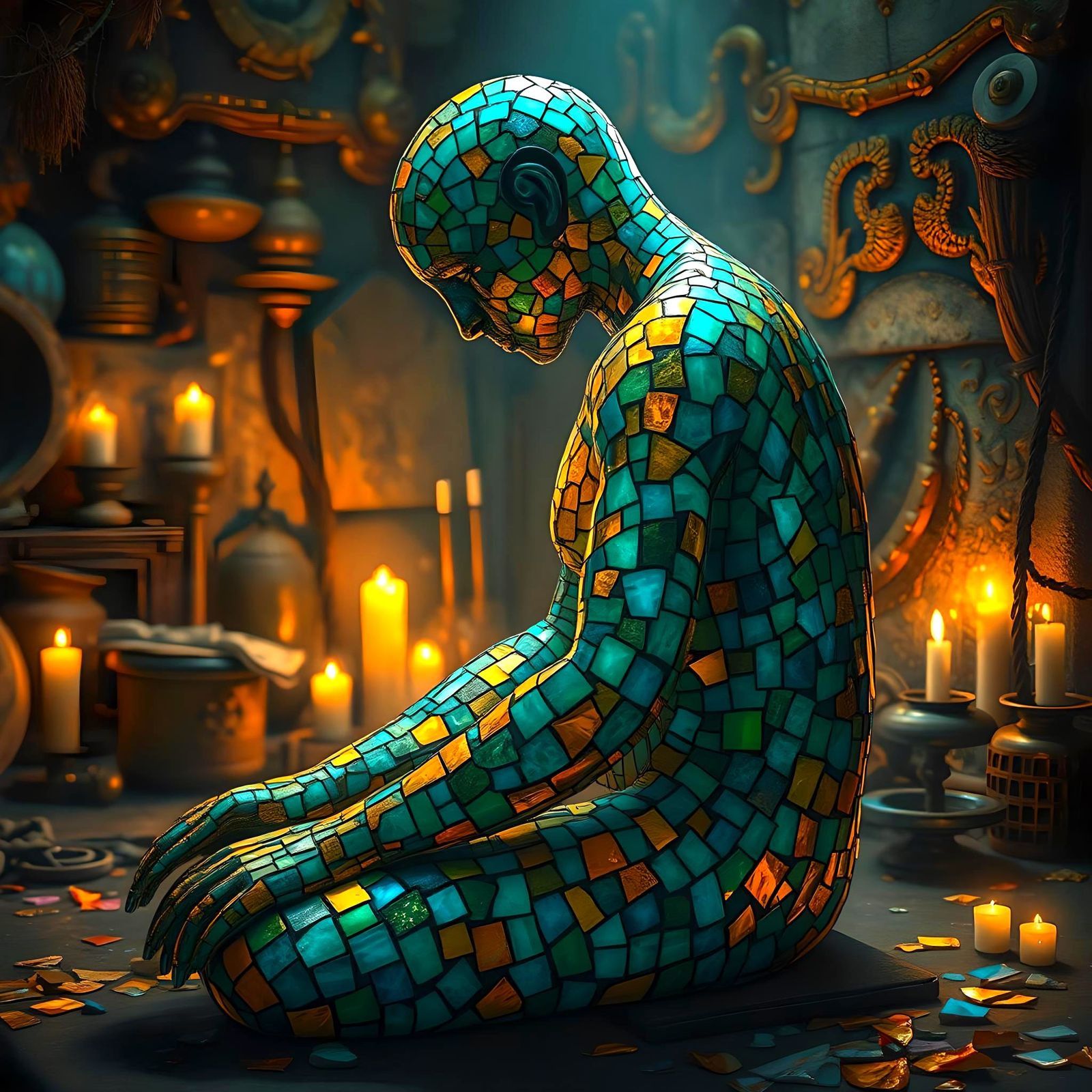 Mosaic Figure Emerges From Colorful Shards