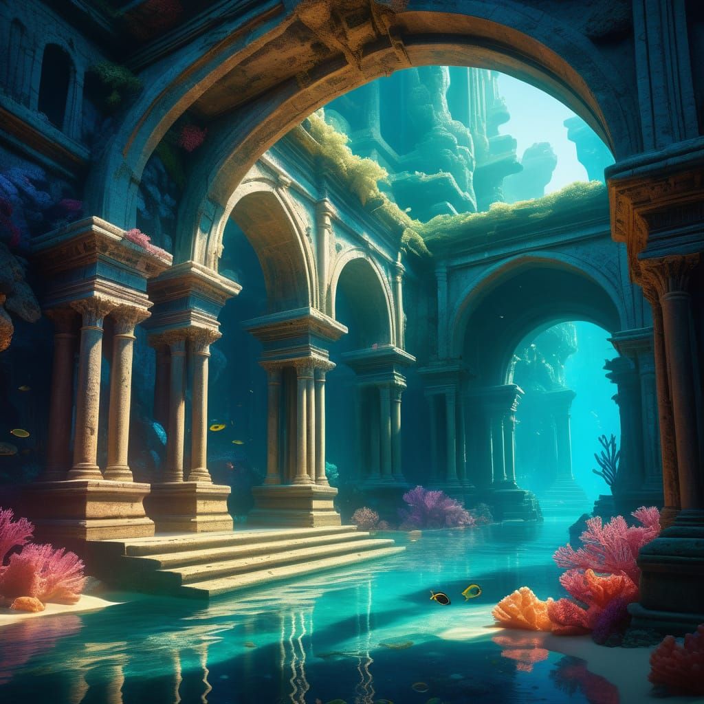 Underwater City in Bioluminescent Coral Reef