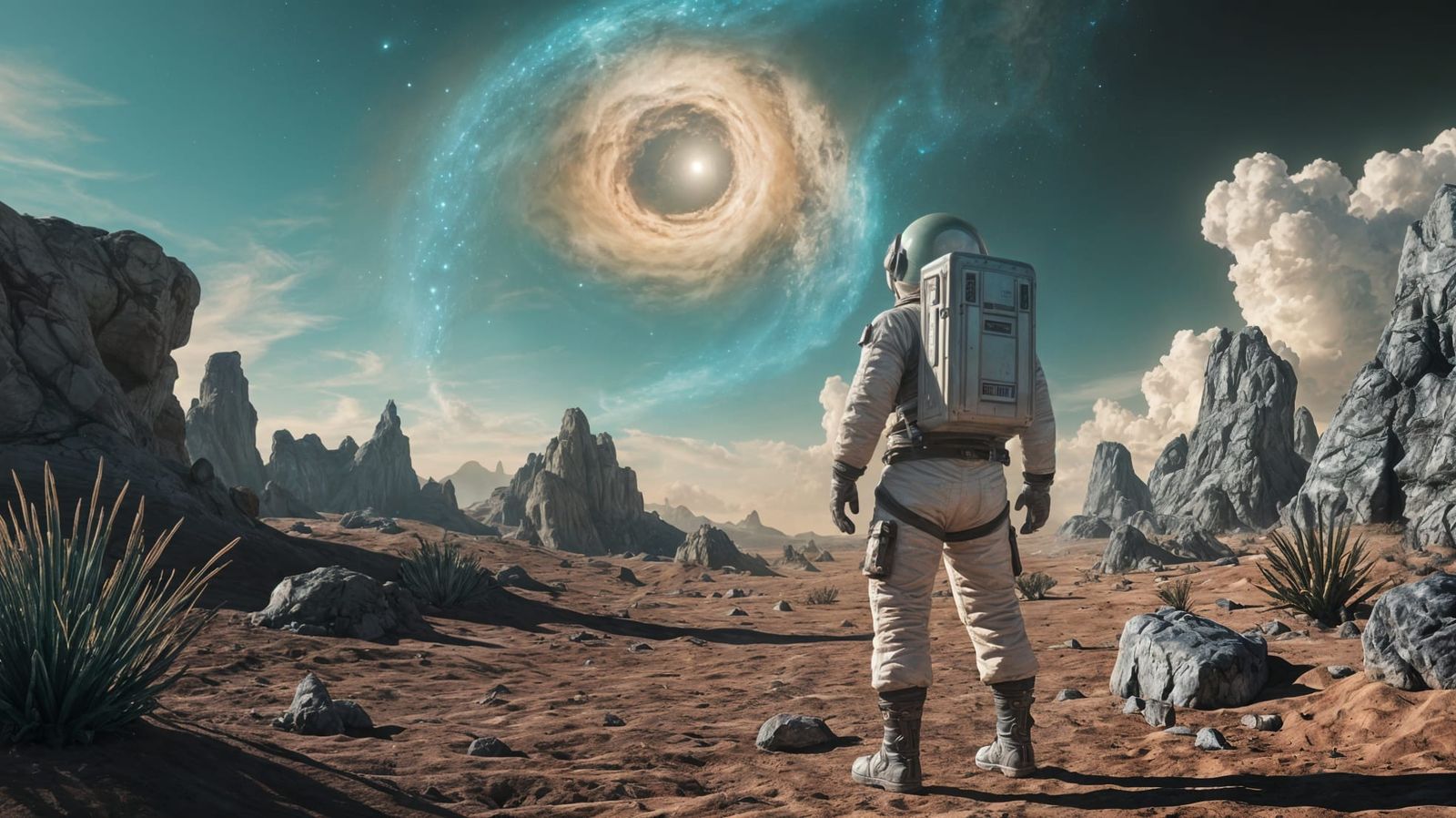 Astronaut Contemplates Cosmic Wonders on Barren Alien World