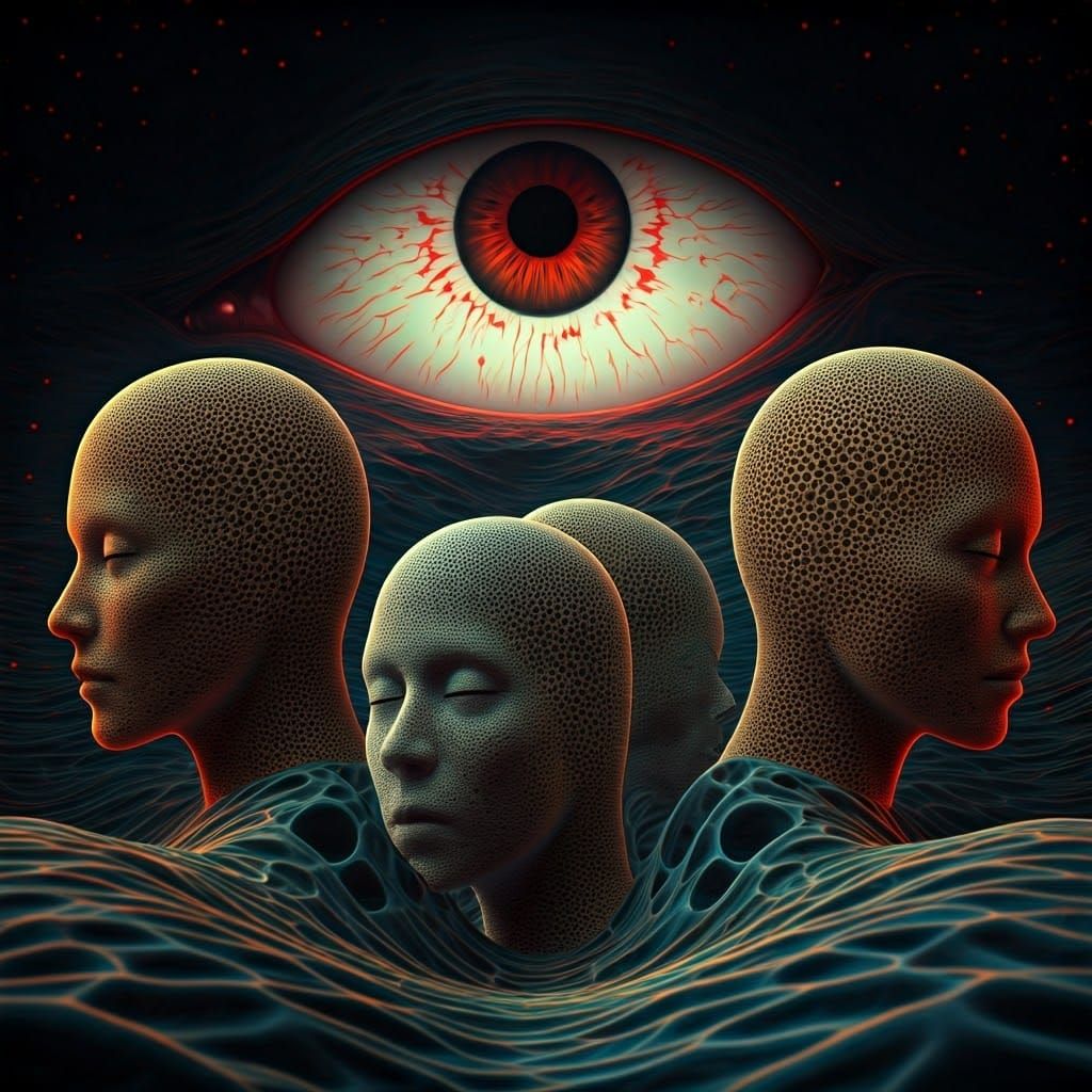 Eerie Spider Sponge Heads in Cybernetic Mountainscape