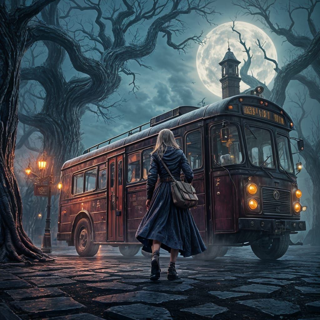 Mystical Woman Emerges onto Moonlit Street in Steampunk Scen...