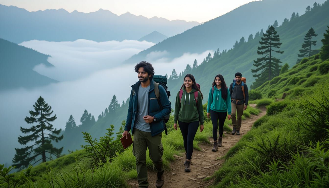 Indian Trekkers in Misty Uttarakhand Hills Animated Style