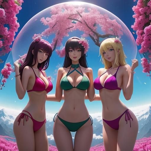 Girls tending flowers on the moon in Anime style