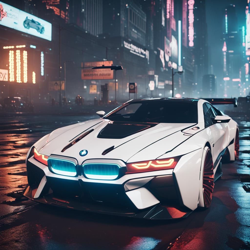 Cyberpunk BMW Speeding Through Neon Cityscape