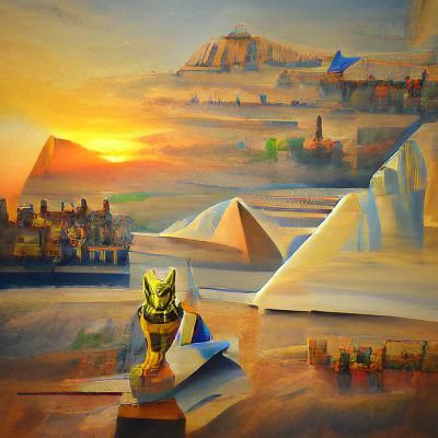 Egyptian Pyramids and Sphinx Sunset: Renaissance Oil Paintin...