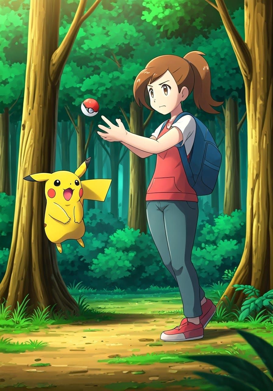 Anime Pikachu Throws Pokeball in Forest