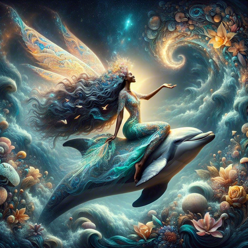 Joyful Ivorian Fairy on Dolphin in Surreal Sky