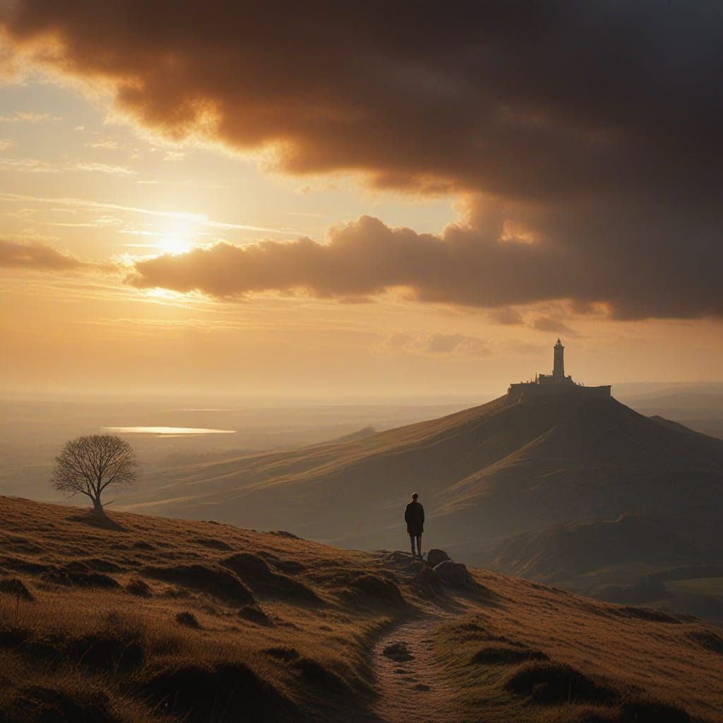Breathtakingly Cinematic Oil Painting of Lone Figure in Gold...