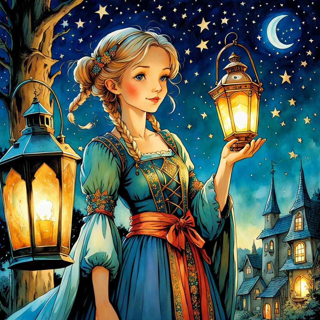 Medieval Woman with Lantern in Anime Style