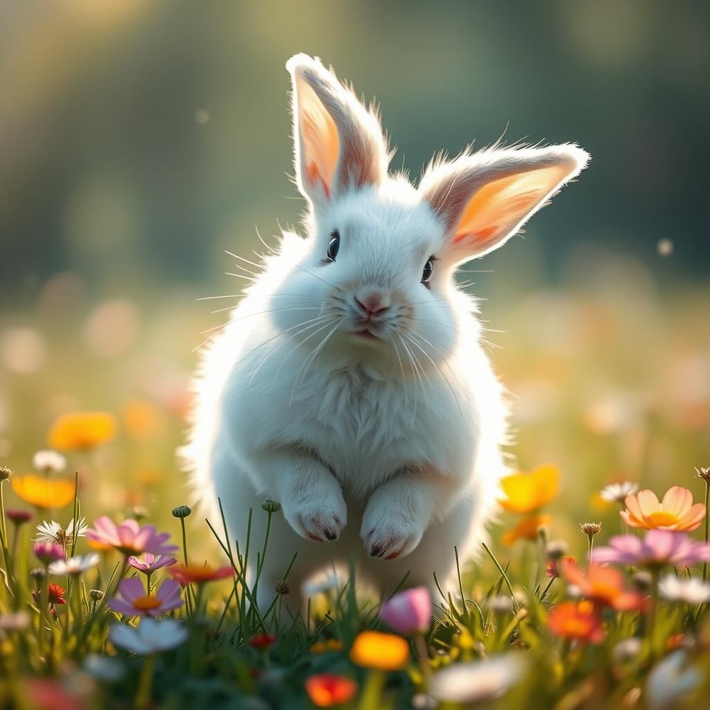 Fluffy White Bunny Hopping in Sunny Meadow