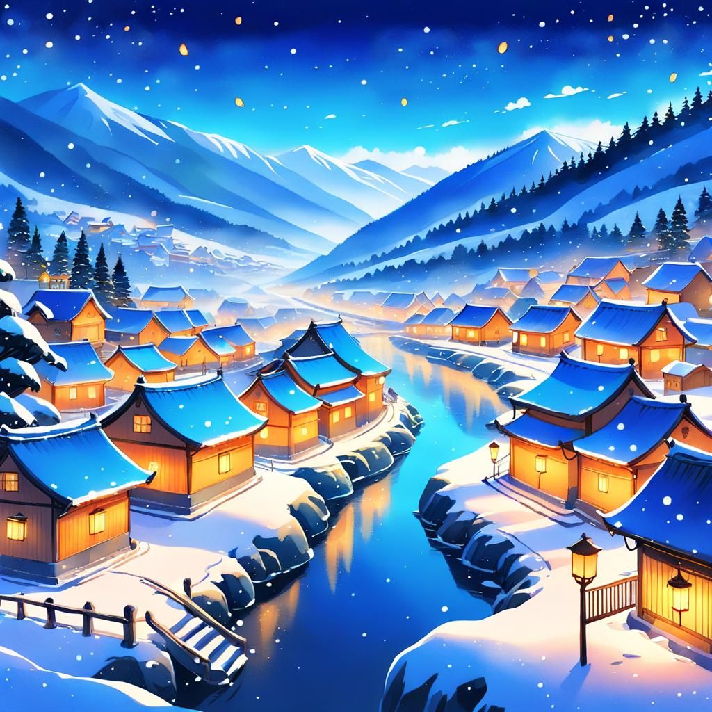 Anime Winter Village Landscape Inspired by Studio Ghibli