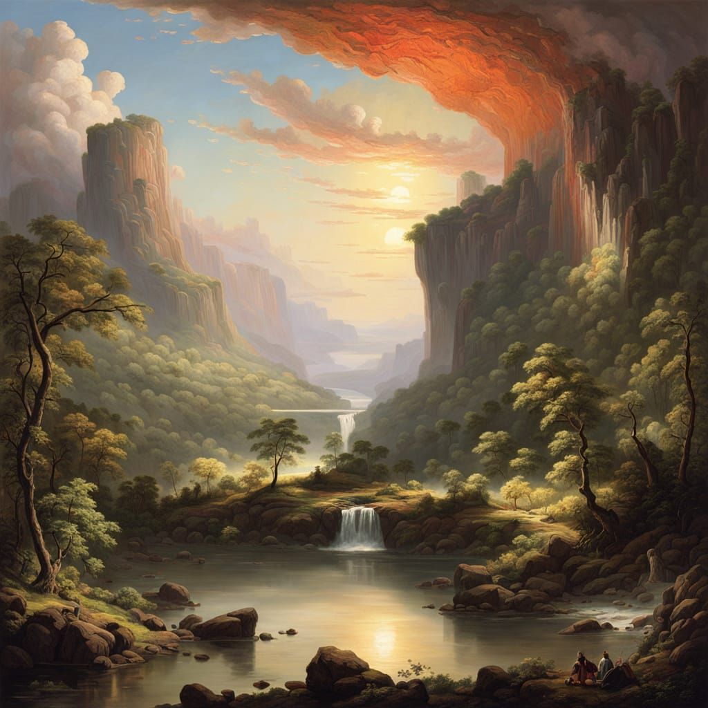 Cavern Landscape at Sunset in Frederic Edwin Church Style