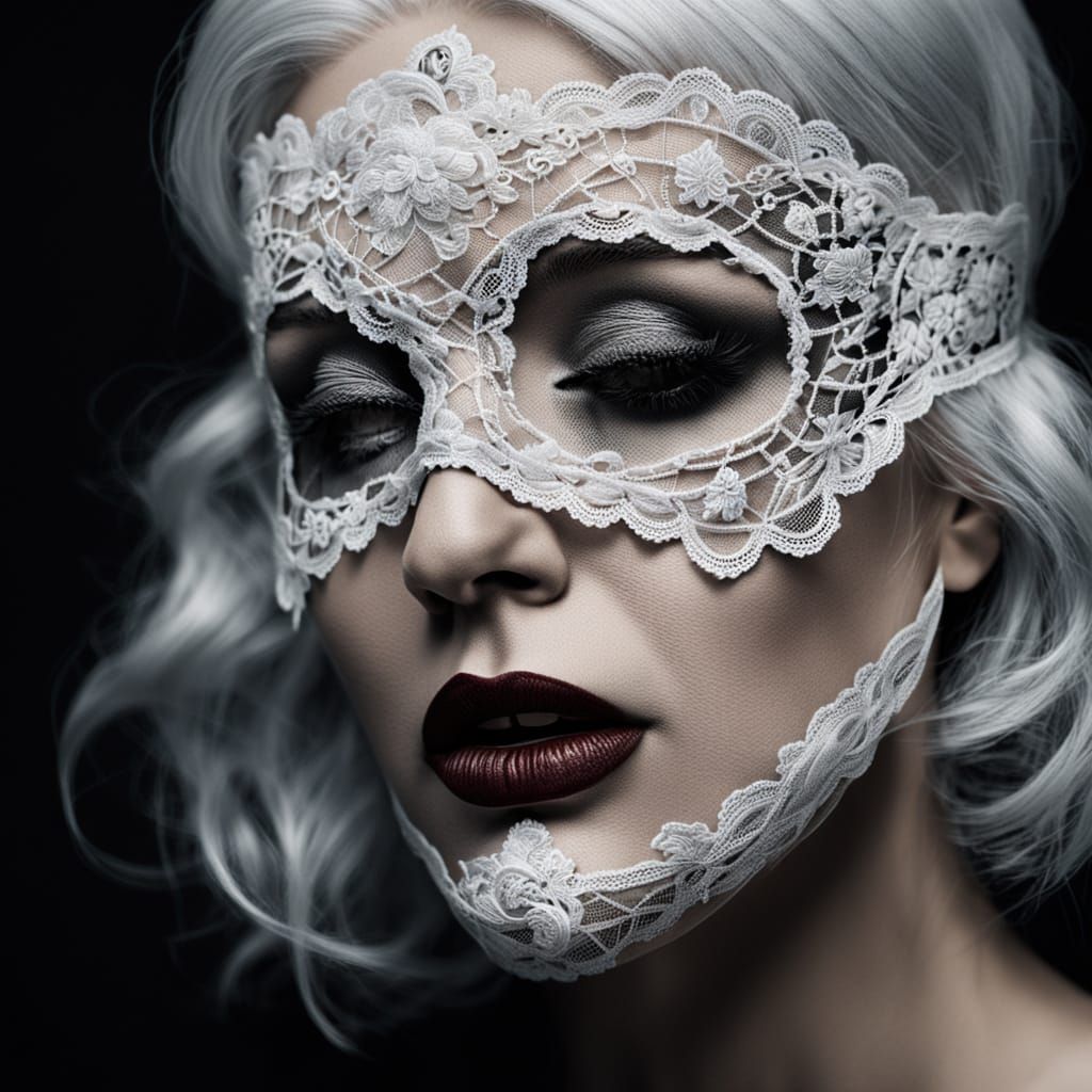Ethereal Film Noir Portrait with Intricate Lace Eye Mask
