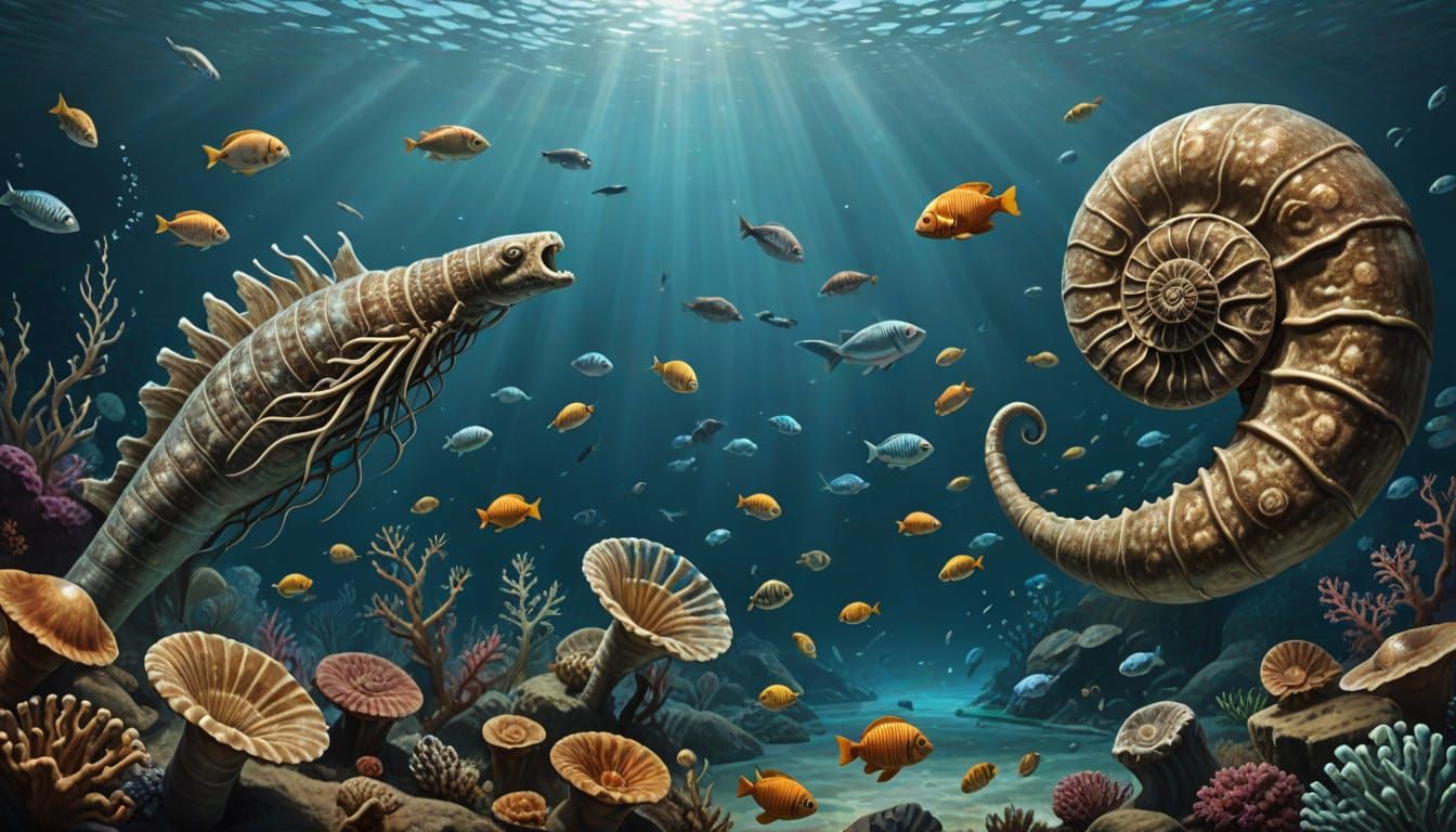 Ancient Marine Duel: Ammonite vs Belemnite in a Prehistoric...
