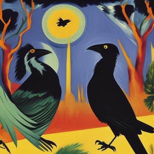 Crows Commemorate Wake in First Snow, Expressionist Style