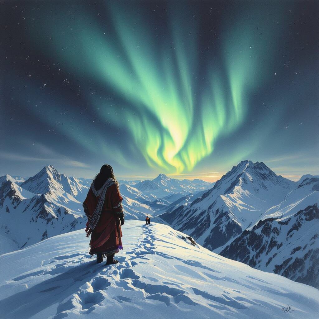 Indian Man Watches Aurora Borealis as Charcoal Drawing