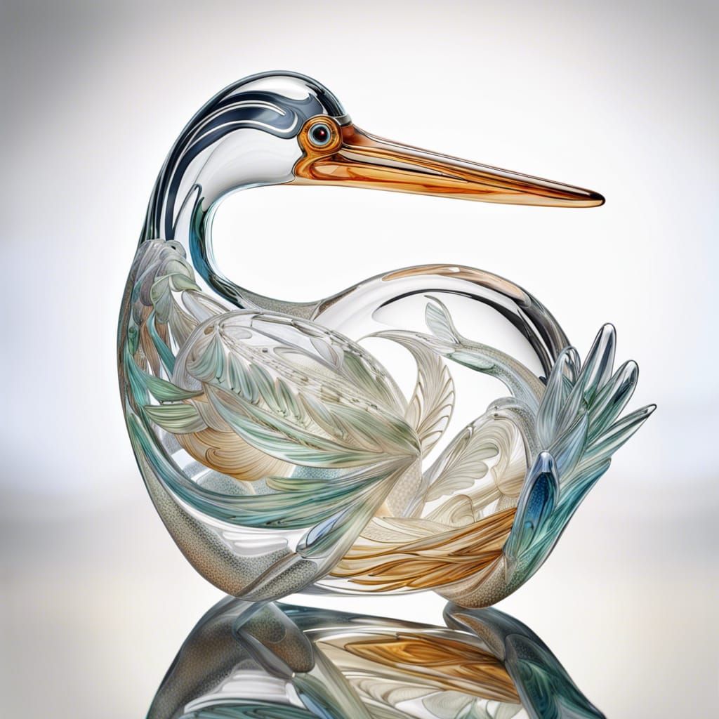 Blown Glass Pelican with Fish on Beach