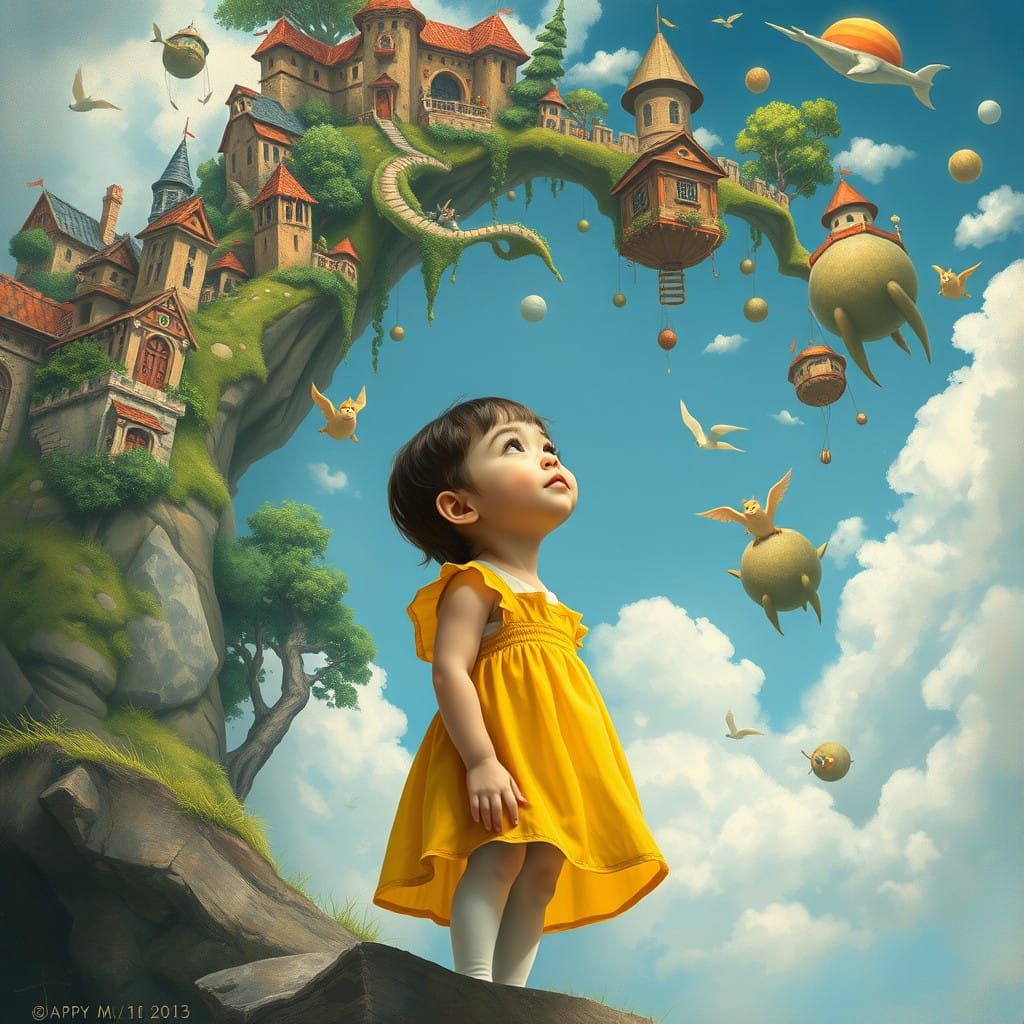 Curious Child Gazing Up at Whimsical Floating World