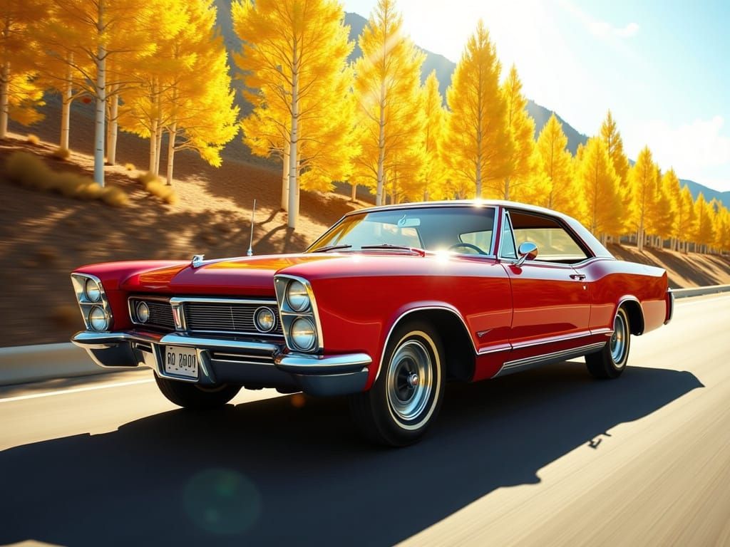 Red 1965 Buick Riviera on Colorado Highway