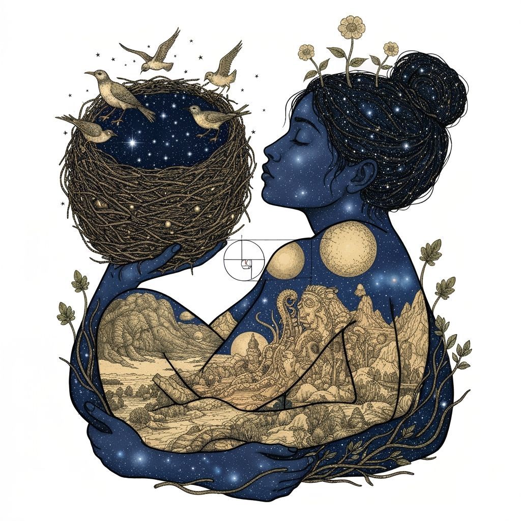 Cosmic Connection: Woman Carries Star Nest, Nature's Embrace