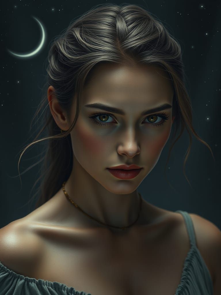 Photorealistic Woman Under Crescent Moonlit Sky