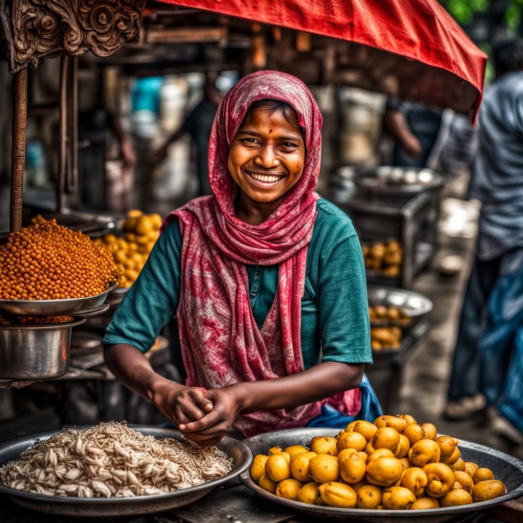 Happy Girl Food Seller in Hyperrealistic Style
