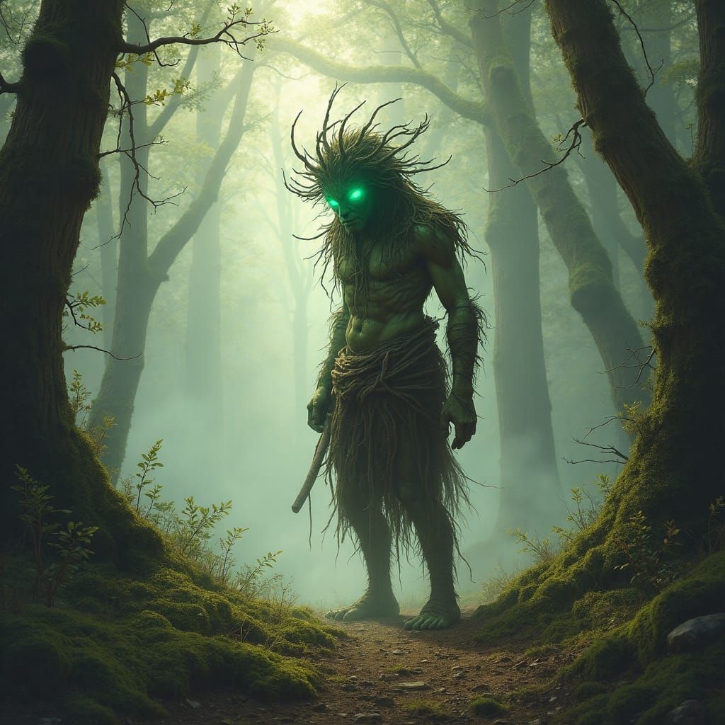 Misty Forest Leshy with Glowing Green Eyes
