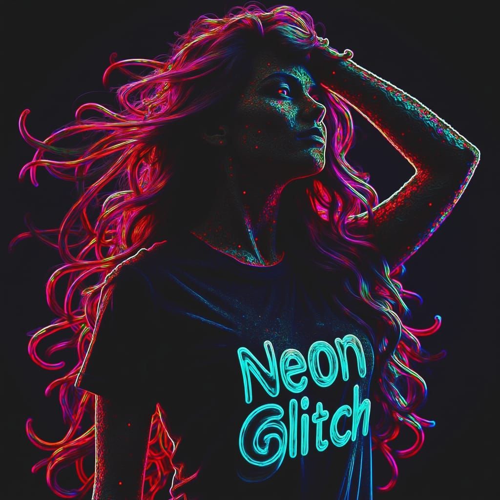 Sinister Woman with "Neon Glitch" T-Shirt in Hyperrealistic ...