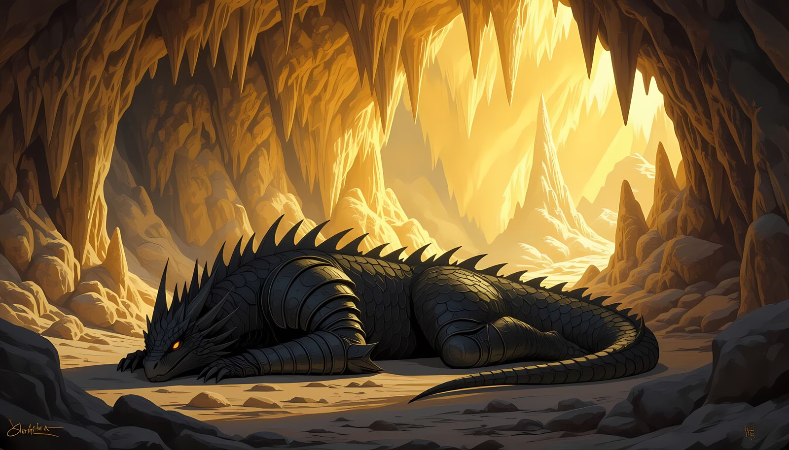 Dragon Slumbering Peacefully in a Vast Cave