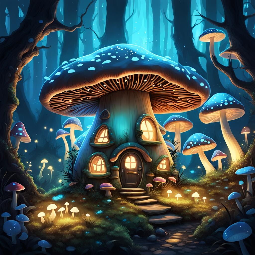 A fairy mushroom house in an enchanted bioluminescent forest...