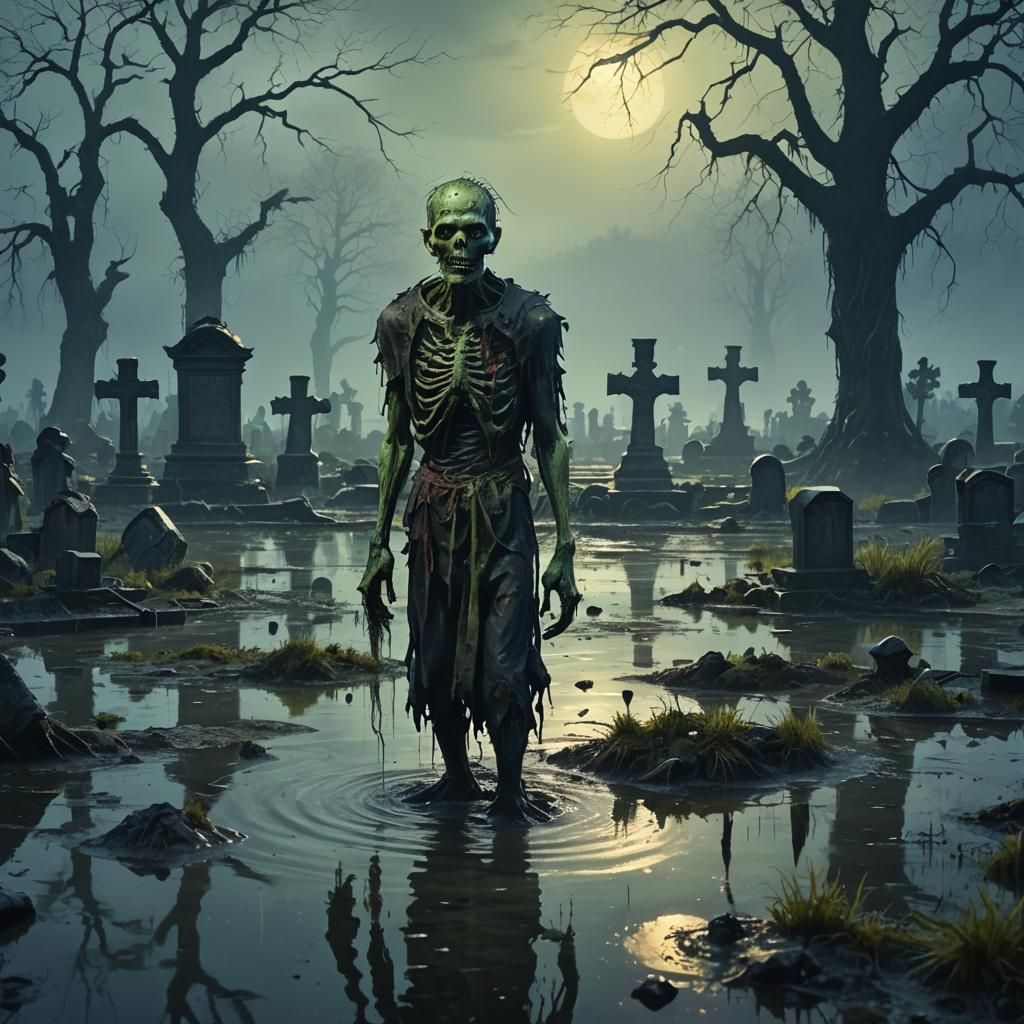 Zombie in Waterlogged Cemetery: Dark Fantasy Art