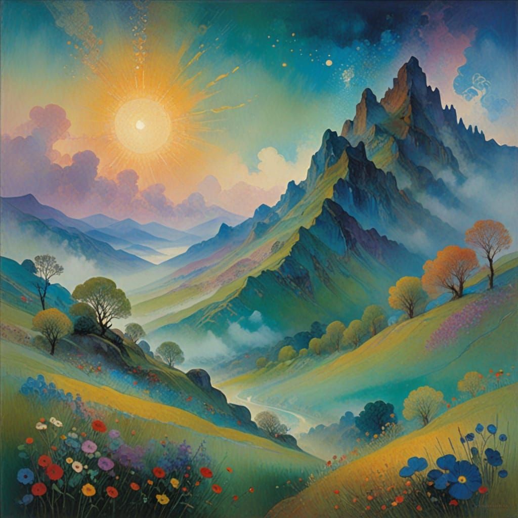 Ethereal Mountain Landscape in Iridescent Colors