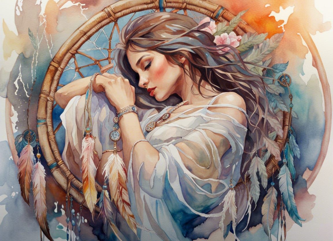 Watercolor Dreamcatcher: Beautiful Woman in Delicate Sleep
