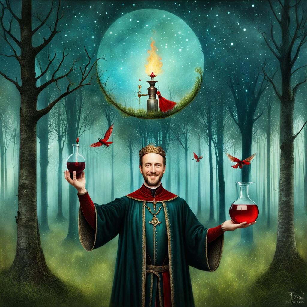 Medieval Alchemist Smiles at Celestial Potion