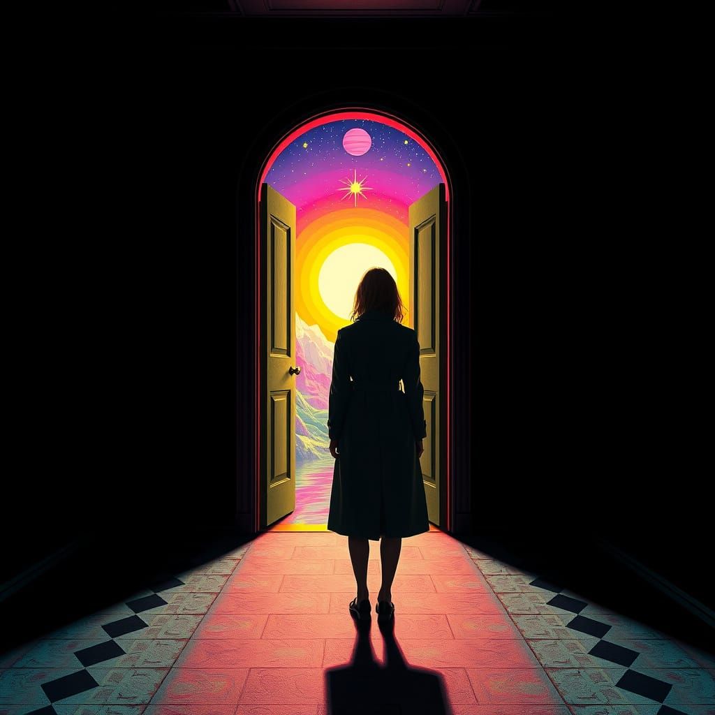 Surreal Portal: Woman Between Worlds, Pop Art Style