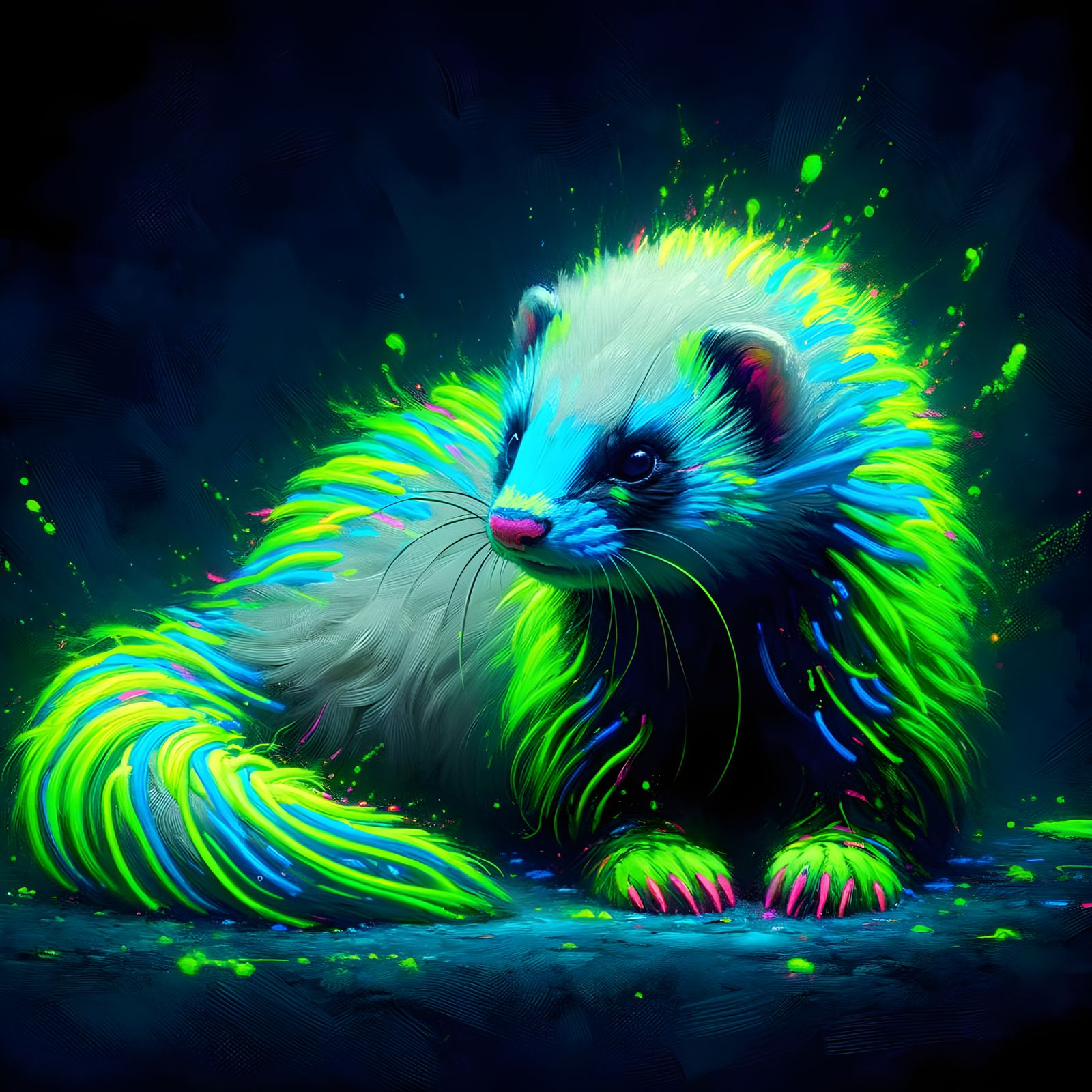Bioluminescent Ferret in Neo-Impressionist Splash Art Style