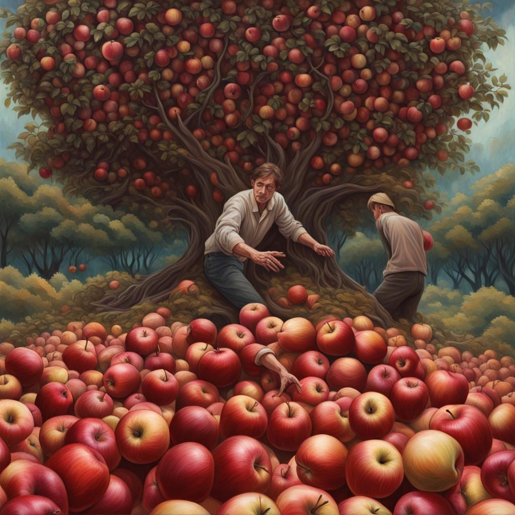Hyperrealistic Apple Harvest with Hand and Legs