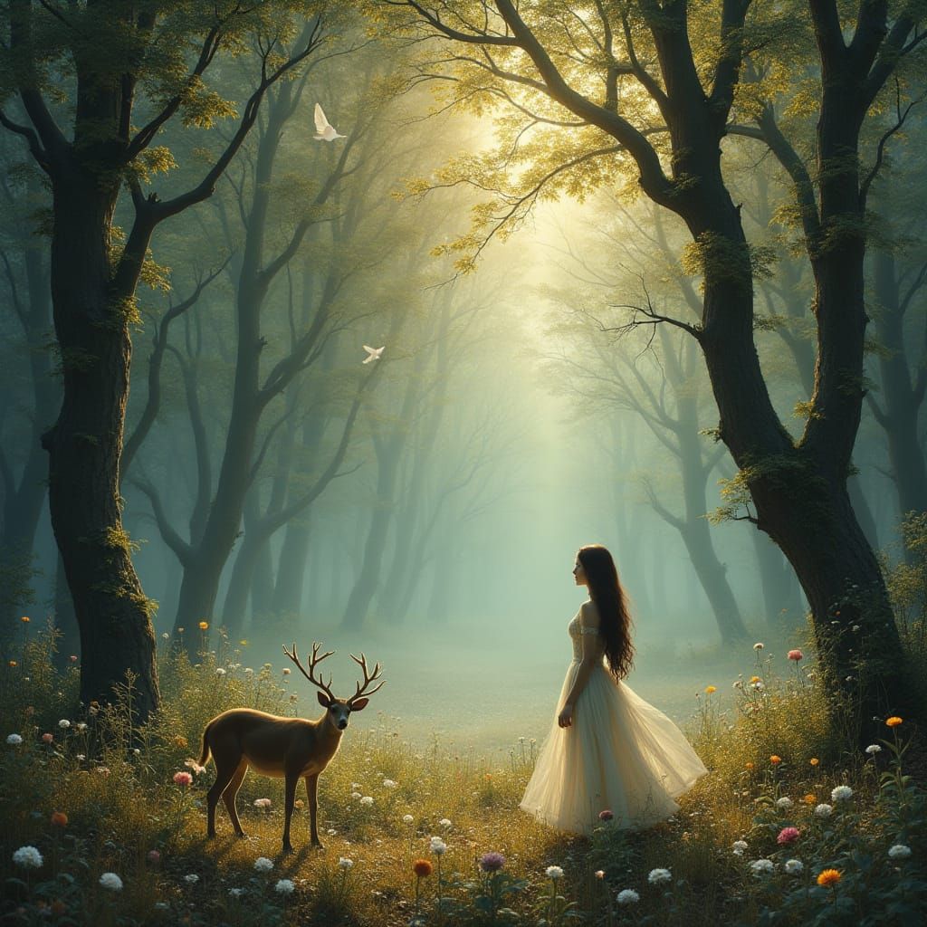 Ethereal Mythological Scene in Dreamlike Landscape